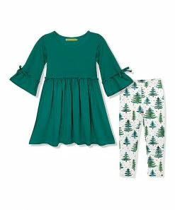 Best reviews of ✨ Millie Loves Lily Green Bow-Accent Bell-Sleeve A-Line 👗 Dress & Tree Leggings - 👧 Girls For Kids 🎉