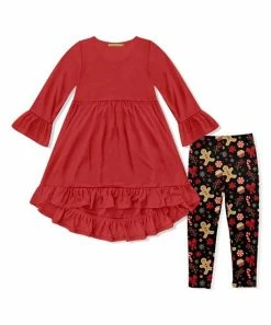 Budget ✔️ Millie Loves Lily Red Ruffle Hi-Low 👗 Dress & Black Gingerbread Sweets Leggings - 👧 Girls For Baby & Maternity ✔️