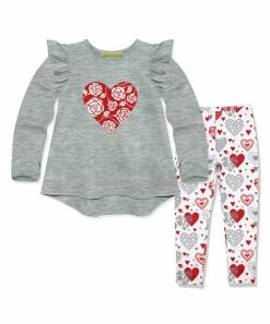 Best Sale ✔️ Millie Loves Lily Heather Gray Angel-Sleeve Hi-Low Top & White Hearts Leggings - Infant, Toddler & 👧 Girls For Kids 👏