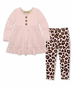 Discount 🥰 Millie Loves Lily Light Pink Long-Sleeve Babydoll Top & Pink Leopard Leggings - Infant, Toddler & 👧 Girls For Kids 🔥