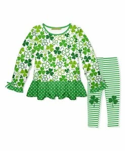 Wholesale 🤩 Millie Loves Lily Green Four Leaf Clover Ruffle-Hem Tunic & Leggings - 👧 Girls For Kids 👍