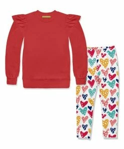 New 😉 Millie Loves Lily Red Ruffle French Terry Sweatshirt & White Dotted Heart Leggings - Infant, Toddler & 👧 Girls For Kids 🔥