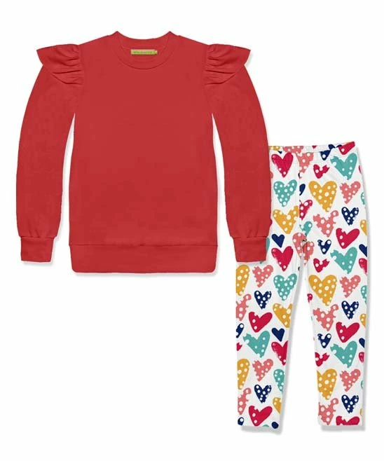 New π Millie Loves Lily Red Ruffle French Terry Sweatshirt & White Dotted Heart Leggings - Infant, Toddler & π§ Girls For Kids π₯ 1 New π Millie Loves Lily Red Ruffle French Terry Sweatshirt & White Dotted Heart Leggings - Infant, Toddler & π§ Girls For Kids π₯