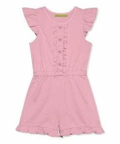 Outlet 🧨 Simply Millie By Millie Loves Lily Dusty Pink Ruffle-Trim Button-Front Romper - 👧 Girls For Kids 😉