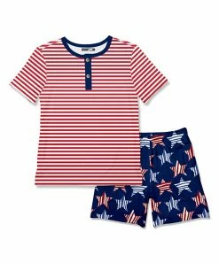 Promo 🤩 Millie & Maxx Red Stripe Henley & Navy Star Shorts - Toddler & Boys For Kids 🧨