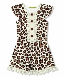 Brand new ⭐ Millie Loves Lily Cream & Brown Leopard Ruffle-Trim Button-Front Romper - Toddler & 👧 Girls For Kids ✨ -Little Millie-shop zu101529415 alt 3 tm1642260212