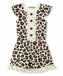 Brand new ⭐ Millie Loves Lily Cream & Brown Leopard Ruffle-Trim Button-Front Romper - Toddler & 👧 Girls For Kids ✨