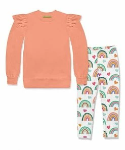 Cheap 😀 Millie Loves Lily Coral Ruffle French Terry Sweatshirt & White Rainbow Leggings - 👧 Girls For Kids 🤩