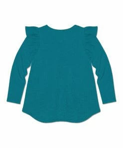 Best deal ⌛ Simply Millie By Millie Loves Lily Teal Waffle Ruffle-Detail Long-Sleeve Hi-Low Top - 👧 Girls For Kids 😀 -Little Millie-shop zu101800405 alt 2 tm1638308040