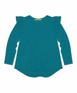 Best deal ⌛ Simply Millie By Millie Loves Lily Teal Waffle Ruffle-Detail Long-Sleeve Hi-Low Top - 👧 Girls For Kids 😀