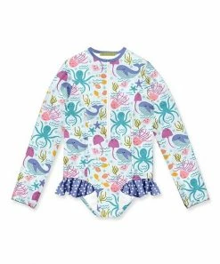 Wholesale 🤩 Millie Loves Lily Pale Blue & White Sea Creatures Ruffle-Accent One-Piece Rashguard - Infant, Toddler & 👧 Girls For Kids 😍