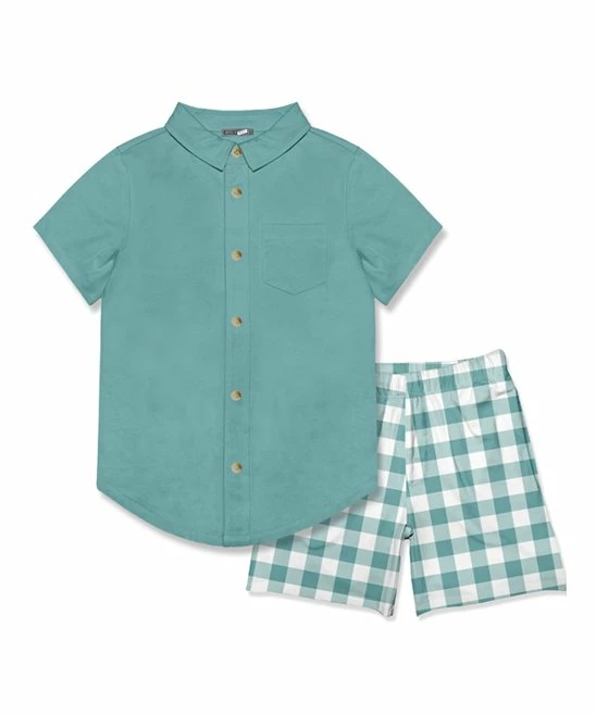 Wholesale π Millie & Maxx Nile Blue Short-Sleeve Button-Up & Gingham Pocket Shorts - Toddler For Kids π 1 Wholesale π Millie & Maxx Nile Blue Short-Sleeve Button-Up & Gingham Pocket Shorts - Toddler For Kids π