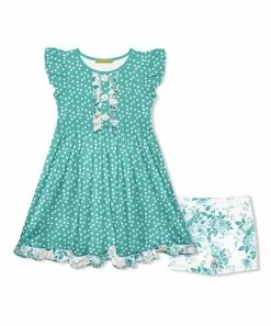 Buy 🥰 Millie Loves Lily Turquoise Dot Button-Front A-Line 👗 Dress & White Floral Shorts - Toddler & 👧 Girls For Kids 🎉