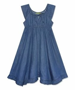 Coupon 😀 Simply Millie By Millie Loves Lily Blue Chambray Ruffle-Hem Angel-Sleeve 👗 Dress - 👧 Girls For Kids ✔️