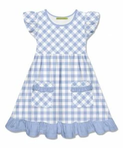 Discount 💯 Millie Loves Lily Periwinkle & White Gingham Patch-Pocket Angel-Sleeve 👗 Dress - 👧 Girls For Kids 🎁