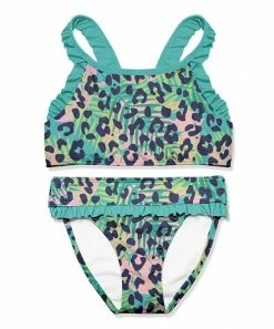 Cheapest 🎉 Millie Loves Lily Turquoise & Pink Leopard Ruffle-Trim 👙 Bikini - Toddler & 👧 Girls For Kids 🌟