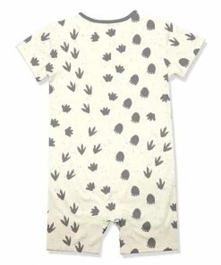 Best Pirce 👏 Little Millie Cream Dino Foot Print Button-Front Short-Sleeve Romper - Infant For Baby & Maternity 😀 -Little Millie-shop zu103356974 alt 2 tm1648055449