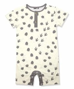Best Pirce 👏 Little Millie Cream Dino Foot Print Button-Front Short-Sleeve Romper - Infant For Baby & Maternity 😀