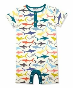 Cheapest 😍 Little Millie Cream & Teal Shark School Short-Sleeve Romper - Infant For Baby & Maternity 🛒