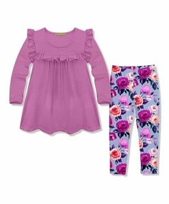 Best deal ✔️ Millie Loves Lily Violet Ruffle-Accent Top & Periwinkle Rose Leggings - Toddler & 👧 Girls For Kids 🎉