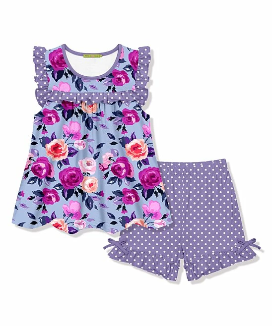 Hot Sale π― Millie Loves Lily Periwinkle Rose Ruffle Sleeveless Top & Purple Pin Dot Bow Shorts - Toddler & π§ Girls For Kids π 1 Hot Sale π― Millie Loves Lily Periwinkle Rose Ruffle Sleeveless Top & Purple Pin Dot Bow Shorts - Toddler & π§ Girls For Kids π