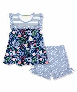 Cheapest 😍 Millie Loves Lily Navy Butterfly Garden Ruffle Sleeveless Top & Pin Dot Bow Shorts - Toddler & 👧 Girls For Kids 🥰