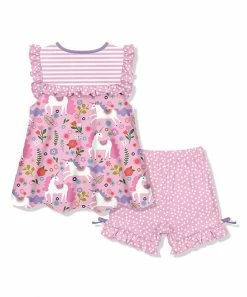 Brand new 🥰 Millie Loves Lily Pink Floral Unicorn Ruffle Sleeveless Top & Dot Bow Shorts - Toddler & 👧 Girls For Kids 🛒 -Little Millie-shop zu103407326 alt 2 tm1650635220
