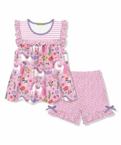Brand new 🥰 Millie Loves Lily Pink Floral Unicorn Ruffle Sleeveless Top & Dot Bow Shorts - Toddler & 👧 Girls For Kids 🛒