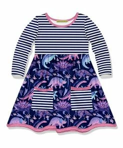 Best deal ⌛ Millie Loves Lily Navy Stripe Boho Dino Pocket A-Line 👗 Dress - Toddler & 👧 Girls For Kids 🤩