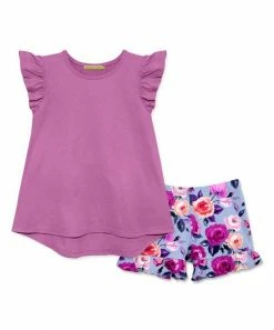 Promo 🎉 Millie Loves Lily Violet Angel-Sleeve Hi-Low Top & Periwinkle Rose Shorts - Toddler & 👧 Girls For Kids 🔥