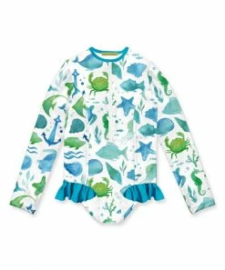 Promo 🔥 Millie Loves Lily White & Blue Watercolor Sea Ruffle-Accent One-Piece Rashguard - Toddler & 👧 Girls For Kids ⭐