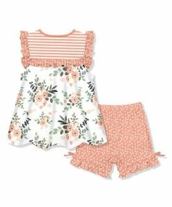 Coupon 👏 Millie Loves Lily Coral & White Stripe & Floral Ruffle A-Line Top & Shorts Set - 👧 Girls For Kids 🧨 -Little Millie-shop zu103632429 alt 2 tm1648146776