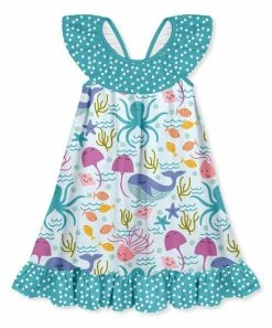 Wholesale 🔥 Millie Loves Lily Pale Blue Sea Creatures Ruffle-Hem Yoke 👗 Dress - 👧 Girls For Kids 😀