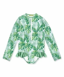 Best Sale 🔔 Millie Loves Lily Pale Blue & Green Tropical Ruffle-Accent One-Piece Rashguard - Toddler & 👧 Girls For Kids 🧨