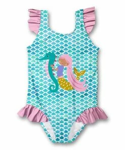 Discount ✔️ Millie Loves Lily Turquoise Mermaid & Sea Horse Ruffle-Accent One-Piece - Infant, Toddler & 👧 Girls For Kids 😉