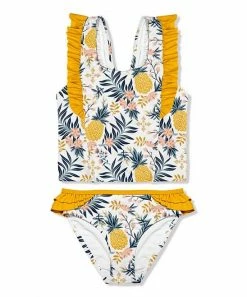 Best Sale 😀 Millie Loves Lily White & Yellow Pineapple Floral Ruffle-Accent Tankini - Toddler & 👧 Girls For Kids 🔔