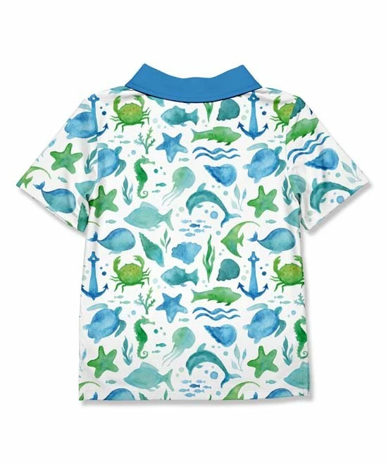New π₯ Millie & Maxx White & Blue Watercolor Sea Short-Sleeve Polo - Boys For Kids π 4 New π₯ Millie & Maxx White & Blue Watercolor Sea Short-Sleeve Polo - Boys For Kids π - Image 4