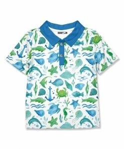 New 🔥 Millie & Maxx White & Blue Watercolor Sea Short-Sleeve Polo - Boys For Kids 🛒