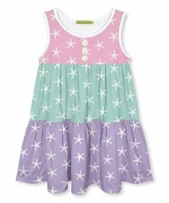 Promo ✔️ Millie Loves Lily Mint & Purple Starfish Tiered Sleeveless 👗 Dress - 👧 Girls For Kids 🧨