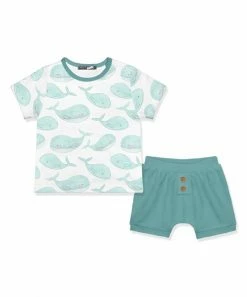Best Pirce 🔥 Little Millie White Whales Button-Snap Tee & Nile Blue Shorts - Infant For Kids 💯