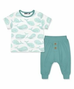 Budget 🔥 Little Millie White Whales Button-Snap Tee & Nile Blue Joggers - Infant For Kids 🥰