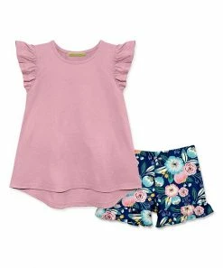 Discount 👏 Millie Loves Lily Light Pink Angel-Sleeve Hi-Low Top & Navy Famous Floral Shorts - 👧 Girls For Kids 🎉