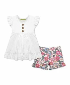 Best Pirce 😍 Millie Loves Lily White Angel-Sleeve Top & Vintage Floral Ruffle Shorts - Infant, Toddler & 👧 Girls For Kids 💯