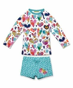 Hot Sale 🎉 Millie Loves Lily White & Turquoise Tie-Dye Heart Long-Sleeve Rashguard Set - Infant For Kids ⭐
