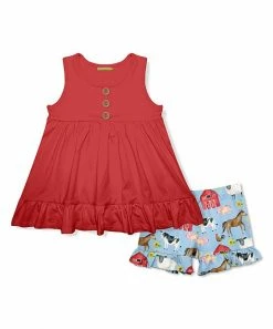 New 👏 Millie Loves Lily Red Sleeveless Babydoll Top & Barnyard Ruffle Shorts - Infant, Toddler & 👧 Girls For Kids ⌛