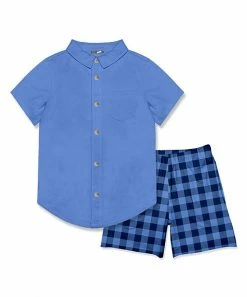Budget 🧨 Millie & Maxx Marina Blue Short-Sleeve Button-Up & Navy Gingham Pocket Shorts - Toddler & Boys For Kids 🤩