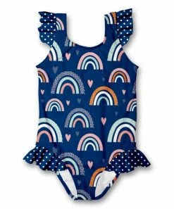 Deals 😀 Millie Loves Lily Navy Rainbows Ruffle-Accent One-Piece - Toddler & 👧 Girls For Kids ⭐