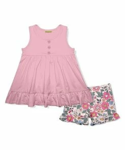 Hot Sale 🎁 Millie Loves Lily Dusty Pink Sleeveless Babydoll Top & Vintage Floral Ruffle Shorts - Infant, Toddler & 👧 Girls For Kids 🎉