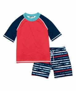 Coupon 😉 Millie & Maxx Dark Navy & Red Stripe Short-Sleeve Rashguard Set - Infant, Toddler & Boys For Kids 👏