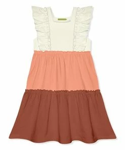 Outlet ❤️ Simply Millie By Millie Loves Lily Coral & Baked Clay Ruffle Square Neck Tiered A-Line 👗 Dress - 👧 Girls For Kids 👍